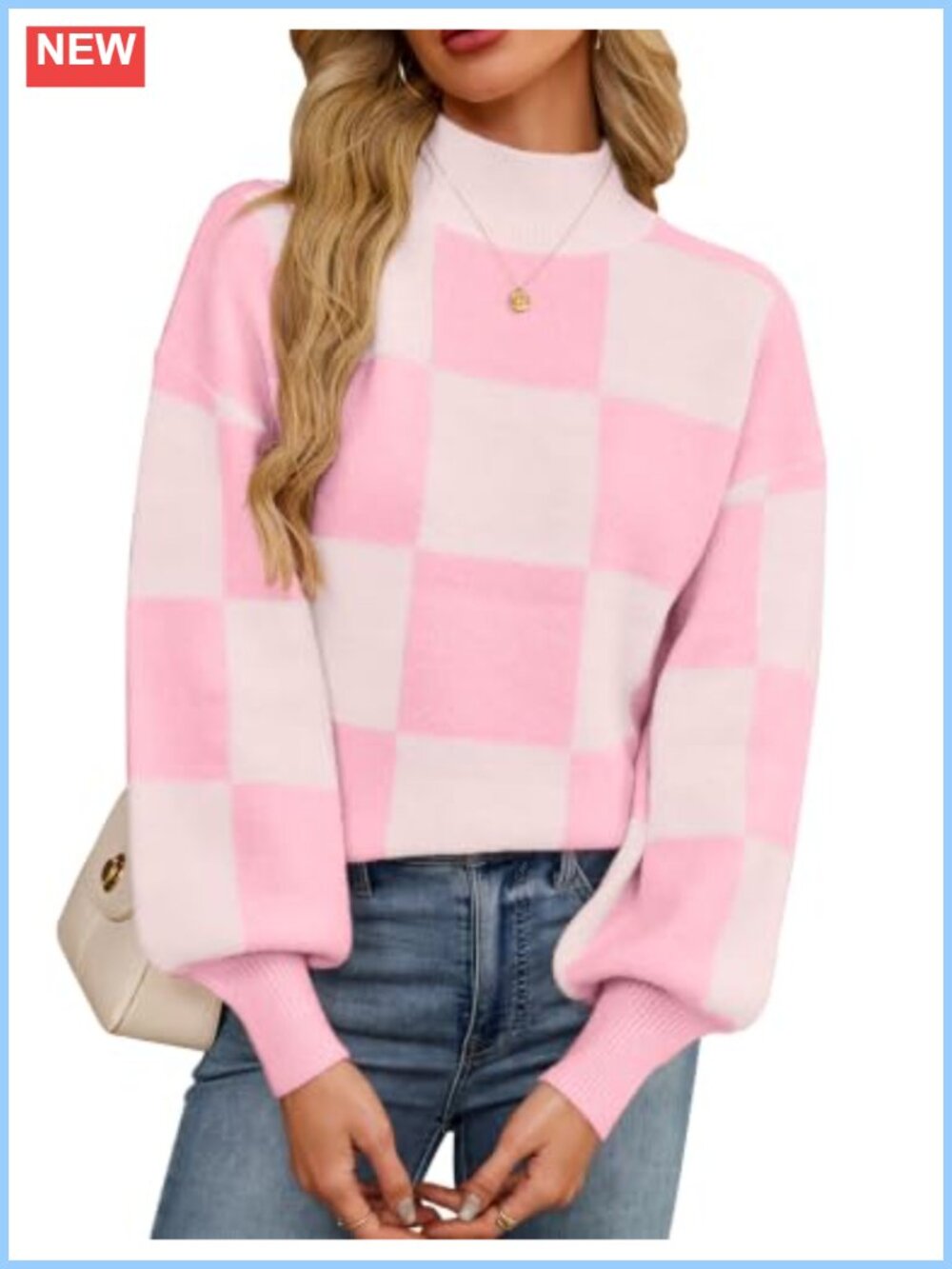 Oversized Checkered Mock Neck Knit Pullover Sweater